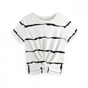 Women's Twist Front Striped Short Sleeve Shirt White With Black Stripes 🖤🤍